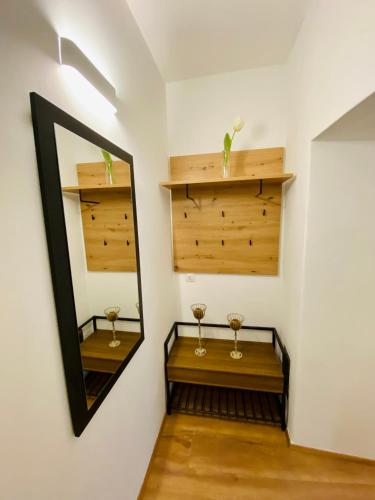 a room with a mirror and glasses on a wall at Siriuskogel im Zentrum von Bad Ischl in Bad Ischl