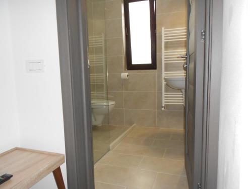 a bathroom with a toilet and a sink at Andrana in Caciulata