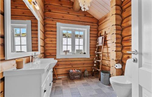 ein Badezimmer mit einem WC und einem Waschbecken sowie zwei Fenster in der Unterkunft 4 Bedroom Awesome Home In Drangedal in Drangedal