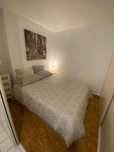 une chambre avec un lit avec une couette blanche dans l'établissement Appartement EN PREMIÈRE LIGNE DE PLAGE HENDAYE, à Hendaye