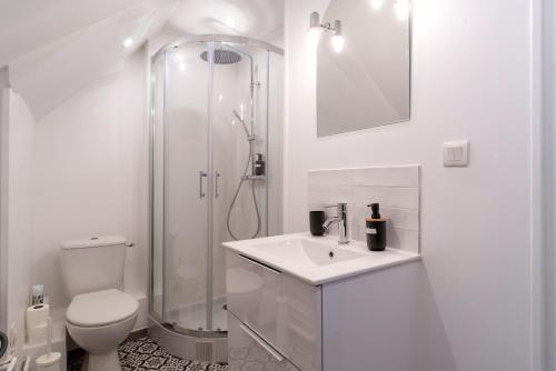 洛里昂的住宿－Le Youri，白色的浴室设有卫生间和淋浴。