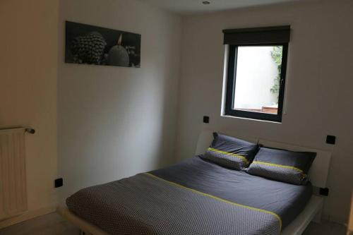 a bedroom with a bed with two pillows and a window at Détente assurée dans ce logement avec balnéo in Rezé