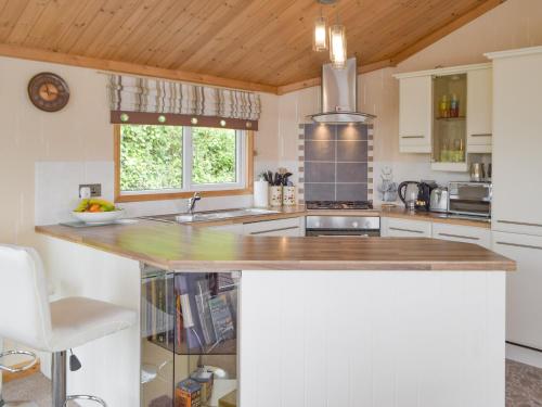 a kitchen with a wooden ceiling and a counter top at Badger Lodge in Burton
