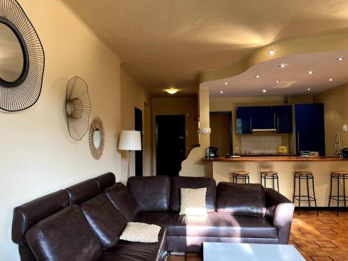 Il comprend un salon avec un canapé en cuir brun et une cuisine. dans l'établissement Cannes Montfleury grand confort, à Cannes