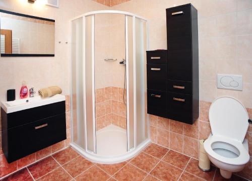 La salle de bains est pourvue d'une douche, de toilettes et d'un lavabo. dans l'établissement Penzion Budopartner, à Jívka