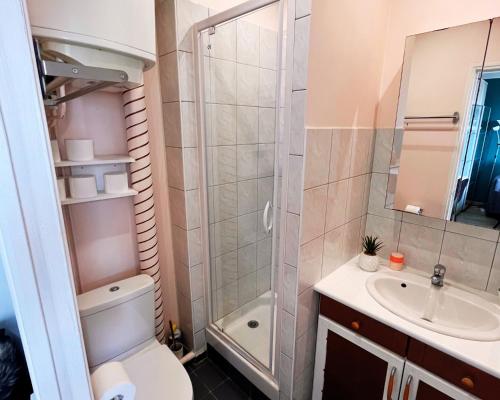 ein Bad mit einer Dusche, einem WC und einem Waschbecken in der Unterkunft Studio Lumineux- à 15 min de Paris in Bois-Colombes