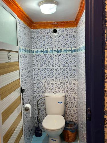 a bathroom with a toilet in a small room at Merzouga Camp and Hostel in Merzouga