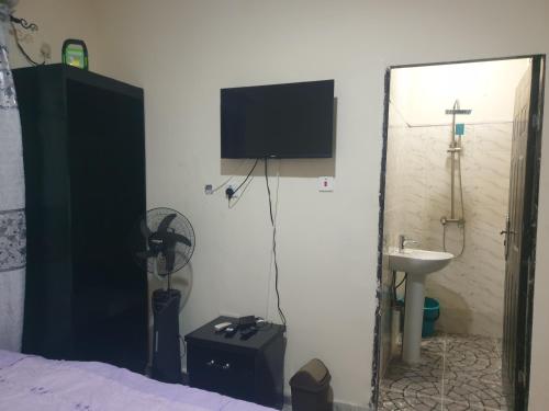 a bedroom with a tv on the wall and a sink at Joefad Home Stay - Wuse Zone 5 in Abuja