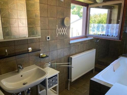 a bathroom with a sink and a mirror and a tub at Am Steyr-Ufer in Sierning