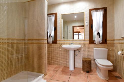 a bathroom with a toilet and a sink and a mirror at Ereza Villa Paraiso in La Oliva