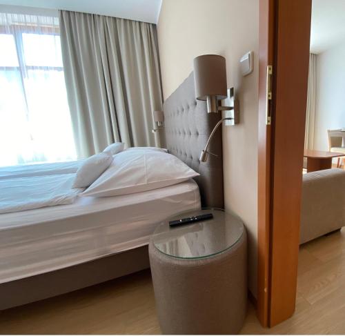 a hotel room with a bed and a window at Hotel MAGISTR Vsetín in Vsetín