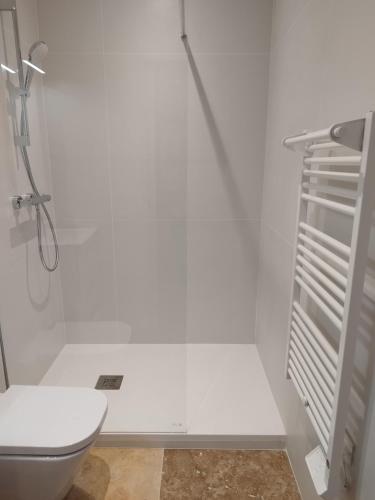 une salle de bain blanche avec toilettes et douche dans l'établissement Le St Louis Chambre aménagée avec cuisine N°4, à La Rochelle