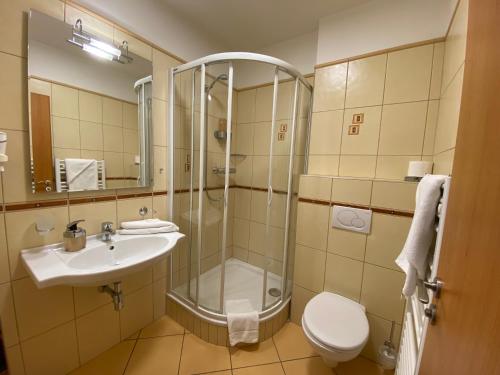 a bathroom with a shower and a sink and a toilet at Hotel MAGISTR Vsetín in Vsetín