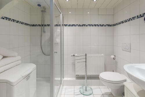 a bathroom with a shower and a toilet and a sink at Dat witte Huus in Husum
