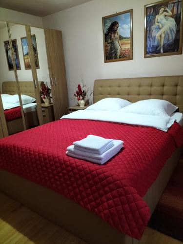 a bedroom with a red bed with towels on it at Casă de vacanță Lidia in Albac