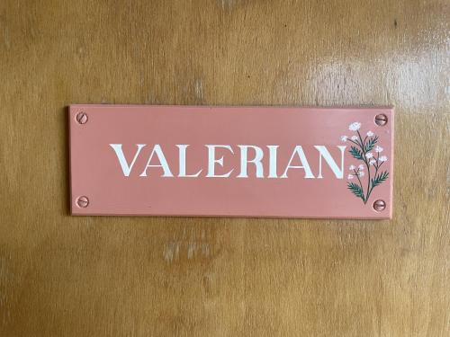 Um sinal cor-de-rosa que diz "valencia" numa parede. em Valerian em York