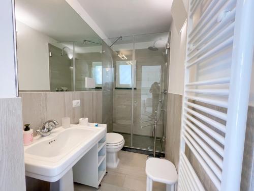 a bathroom with a sink and a toilet and a shower at Villetta La Rocca in Pietrasanta