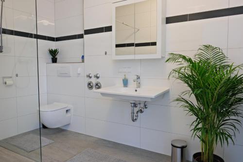 a white bathroom with a sink and a toilet at Klassen Apartments! Erleben Sie Aulendorf in dieser modernen Unterkunft in Aulendorf