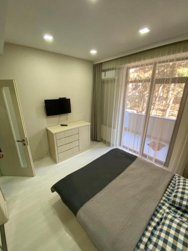 a bedroom with a large bed and a television at Apartment Vake in Tbilisi City