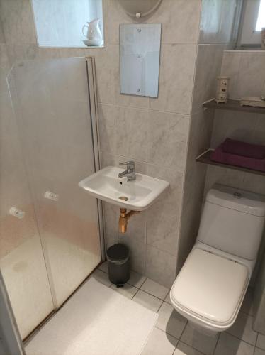 une salle de bain avec un lavabo et des toilettes dans l'établissement Holiday Gites in Dordogne are two charming, spacious gites offering privacy and tranquillity for that perfect get away holiday, à Lamothe