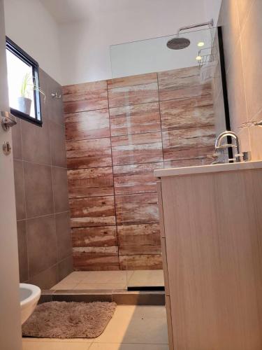 a bathroom with a shower with a wooden wall at Casa Roque Funes, ubicado en Cerro de las Rosas Córdoba, Ofrece, Asador, Pileta, Cercanias, Estadio Kempes, aeropuerto Ambrosio Taravella, Orfeo Superdomo, Sanatorio Allende, Casa con 2 departamentos individuales y áreas comunes in Córdoba