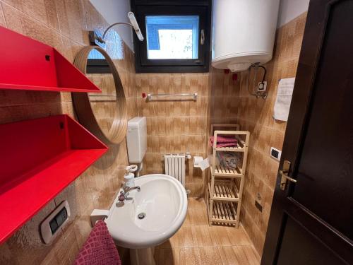 un piccolo bagno con lavandino e specchio di Residence Valtellina - Salita Baradello ad Aprica