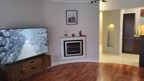 a living room with a flat screen tv and a fireplace at Apartament Jeździecki Leszno in Leszno