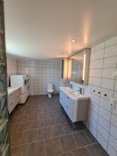 ein Badezimmer mit einem Waschbecken, einem WC und einem Spiegel in der Unterkunft Tosthult holiday 3 in Lönsboda