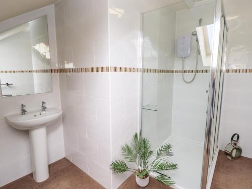 a white bathroom with a shower and a sink at Barn Owl Annex in Market Rasen