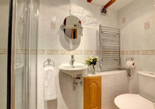 a bathroom with a shower and a sink and a toilet at Woodpecker Cottage in Hutton le Hole