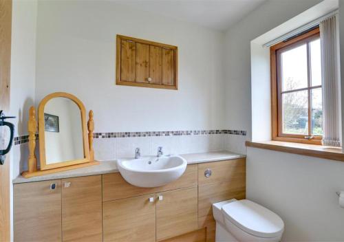 een badkamer met een wastafel, een toilet en een spiegel bij Westlands Cottage in Mickleby