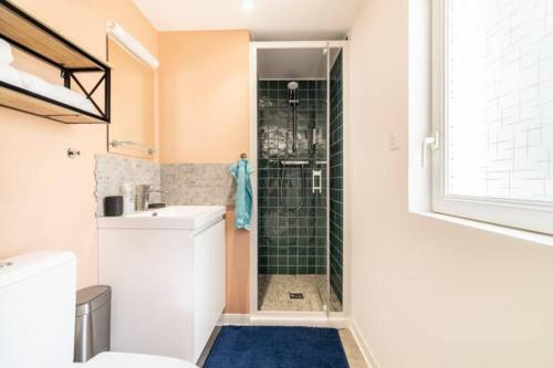 uma casa de banho com um chuveiro, um WC e um lavatório. em Suite Cosy MontBlanc en Hyper Centre em Valenciennes