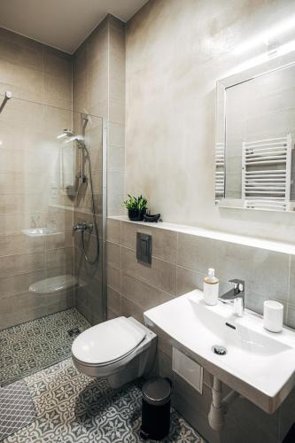 Constantine Apartments في ريغا: حمام مزود بمرحاض ومغسلة ودش