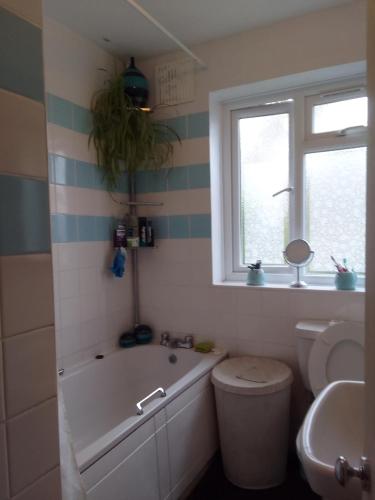 a bathroom with a tub and a toilet and a sink at Rose's Home in Streatham