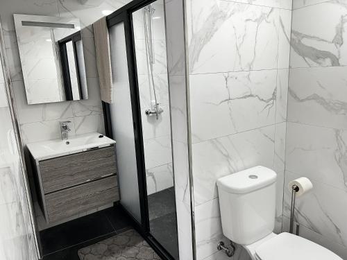a bathroom with a shower and a toilet and a sink at Studio Home Away from Home in Caniçal