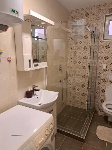 uma casa de banho com um chuveiro, um lavatório e um WC. em Apartman Sara 2 em Novi Grad