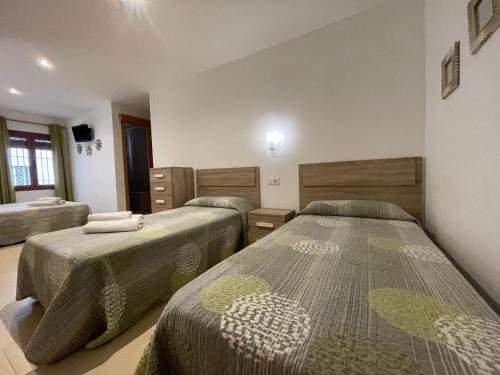 een slaapkamer met 2 bedden en een tv. bij P&R hostals Codolar in Tossa de Mar