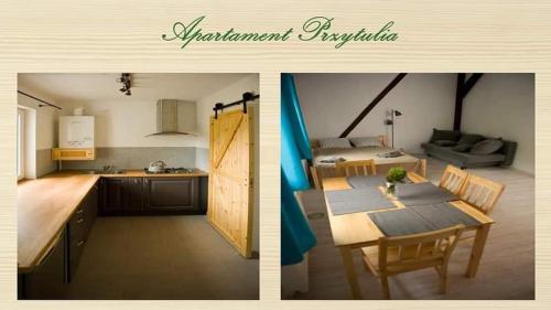 two pictures of a kitchen and a table in a room at Apartament Przytulia in Podgórzyn