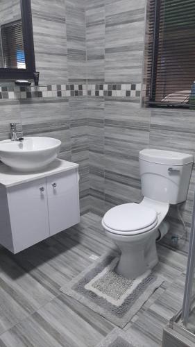 een badkamer met een wit toilet en een wastafel bij Ariah's Guesthouse and Self Catering in East London