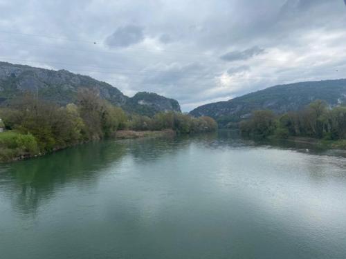a view of a river with trees and mountains at Au Château Saint Blaise in Virignin