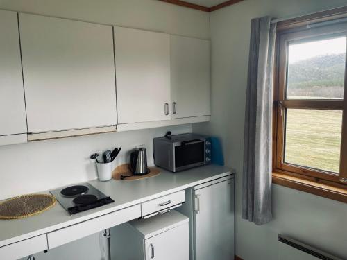 a kitchen with white cabinets and a microwave at Nye Heimen Overnatting in Namsos