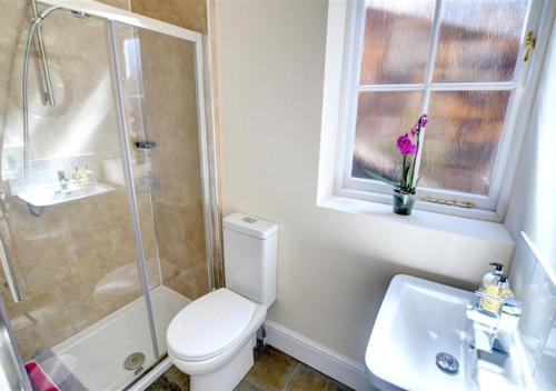 uma casa de banho com um WC, um chuveiro e um lavatório. em The Secret Garden em Whitby