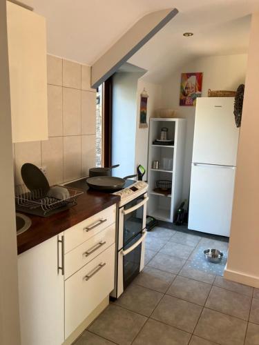 uma cozinha com electrodomésticos brancos e um frigorífico branco em The parlour em Bodmin