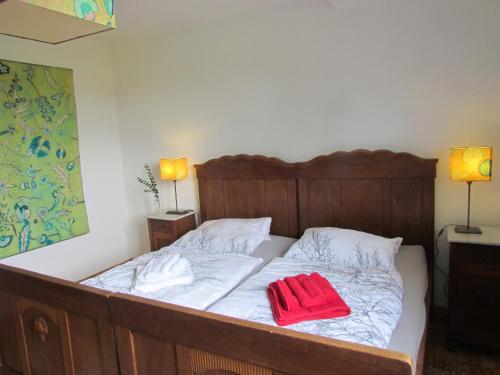 łóżko z dwoma czerwonymi ręcznikami na górze w obiekcie Alte Schule Altefeld w mieście Herleshausen