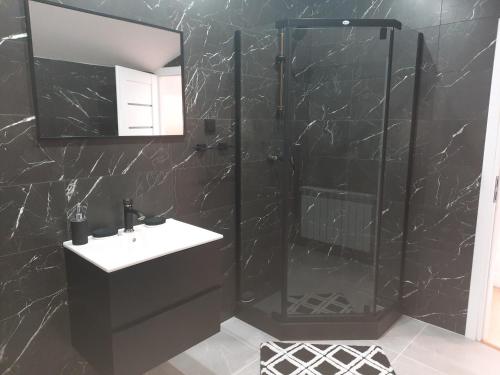 een zwarte badkamer met een douche en een wastafel bij Noclegi Janina Surmacz in Zwierzyniec