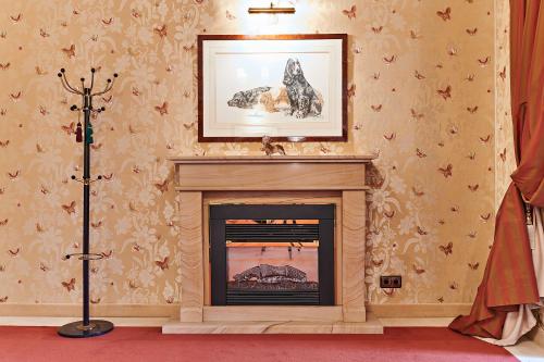 a living room with a fireplace with a picture above it at Bernsteinschloss in Wendorf
