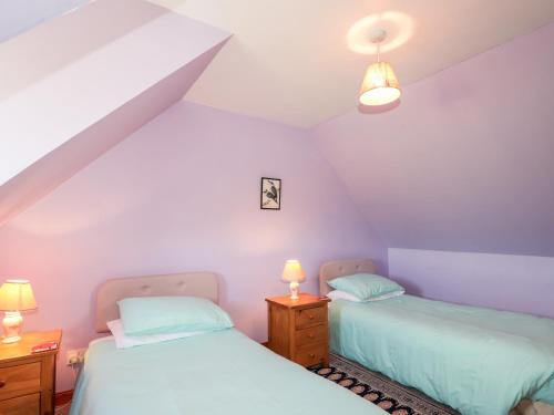 two beds in a attic room with purple walls at Balnabodach in Inverness