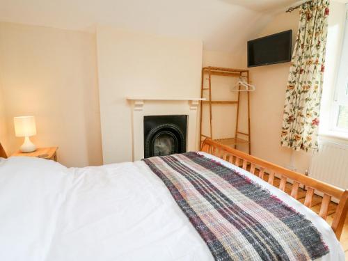 a bedroom with a bed with a fireplace at Myrtle Villa in Knighton