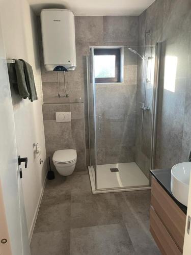 a bathroom with a shower and a toilet and a sink at APPARTMENTS SARA in Jadranovo