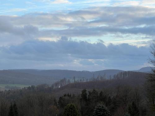 a view of a mountain with trees and clouds at Traumhaftes Ferienhaus – perfekt für Familien in Schlüchtern